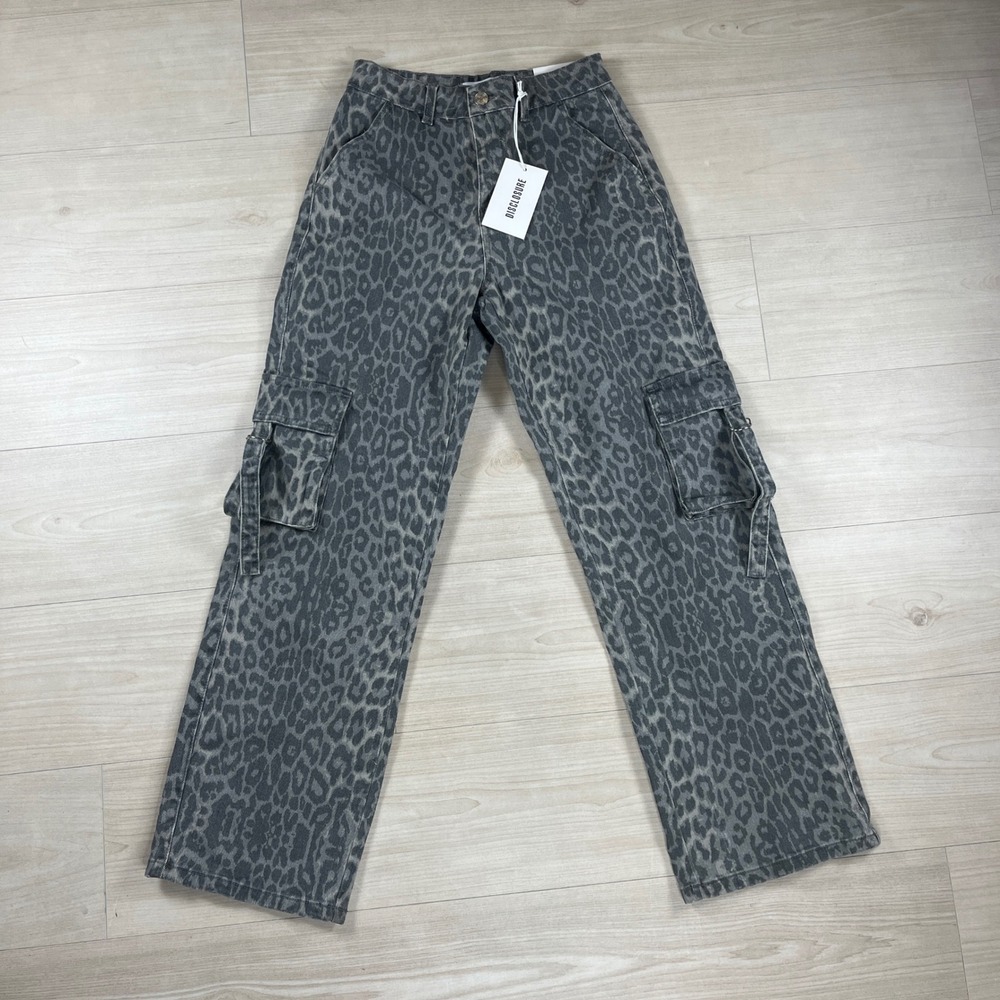 Disclosure Baggy Cargo Pants Grey Leopard Animal Print Wide Leg Size 5/27 NWT